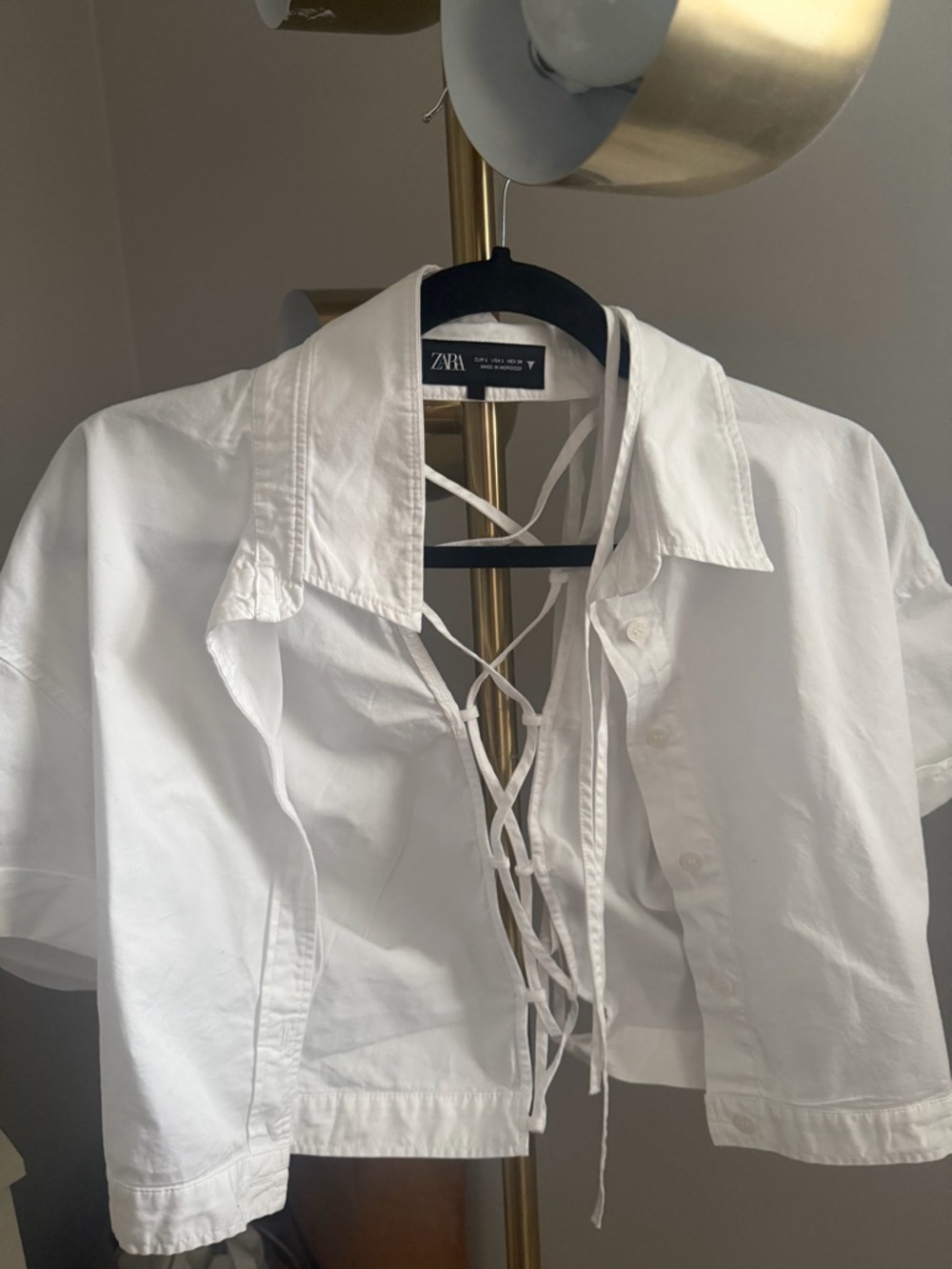 Zara White Collared Lace-Up Crop Shirt